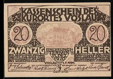 Notgeld Vöslau 1920, 20 Heller, Gebäude-Motiv und Wappen mit Baum und Fass