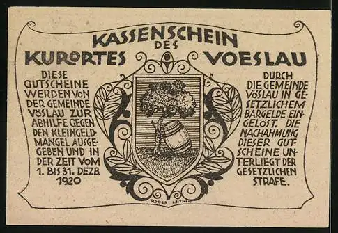 Notgeld Vöslau 1920, 20 Heller, Gebäude-Motiv und Wappen mit Baum und Fass