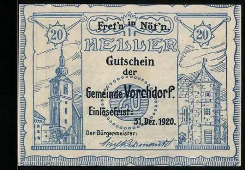 Notgeld Vorchdorf 1920, 20 Heller, Kirche und mittelalterliche Gebäude, Landschaft mit Bergen und Gebäude um 1600