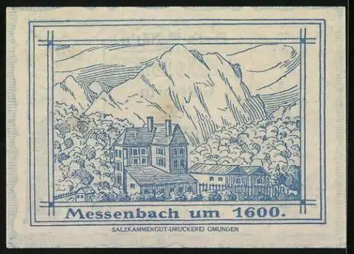 Notgeld Vorchdorf 1920, 20 Heller, Kirche und mittelalterliche Gebäude, Landschaft mit Bergen und Gebäude um 1600