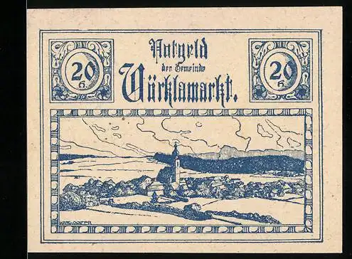 Notgeld Vöcklamarkt 1920, 20 Heller, Landschaftsansicht mit Kirche und Dorf