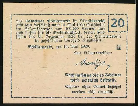 Notgeld Vöcklamarkt 1920, 20 Heller, Landschaftsansicht mit Kirche und Dorf