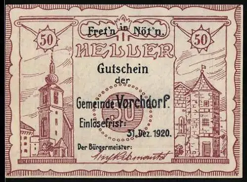 Notgeld Vorchdorf 1920, 50 Heller, Kirchturm und Burg, Rückseite Messenbach um 1600