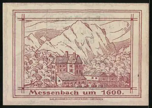 Notgeld Vorchdorf 1920, 50 Heller, Kirchturm und Burg, Rückseite Messenbach um 1600