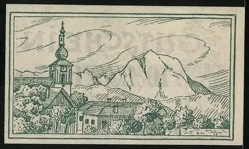 Notgeld Vorchdorf 1920, 10 Heller, Alpenlandschaft und Kirche, Blumendekor