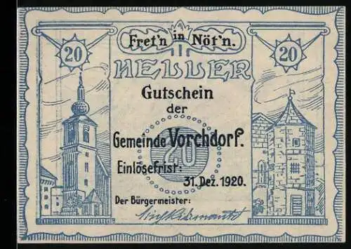 Notgeld Vorchdorf 1920, 20 Heller, Kirchen- und Burgturm, Messenbach um 1600