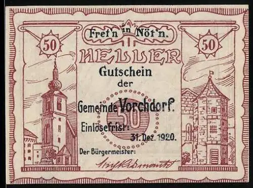 Notgeld Vorchdorf 1920, 50 Heller, Kirche und Turm, Messenbach um 1600