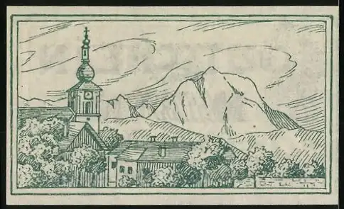 Notgeld Vorchdorf 1920, 10 Heller, Alpenpanorama und Kirche, florales Motiv