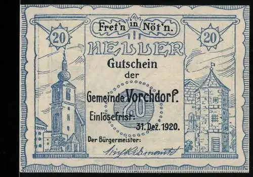 Notgeld Vorchdorf 1920, 20 Heller, Kirche und Gebäude, Messenbach um 1600, Einlösefrist 31. Dez. 1920