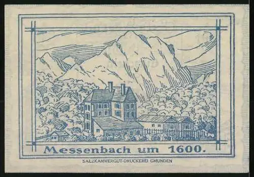 Notgeld Vorchdorf 1920, 20 Heller, Kirche und Gebäude, Messenbach um 1600, Einlösefrist 31. Dez. 1920