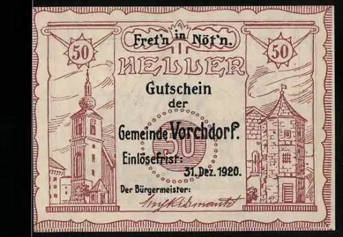 Notgeld Vorchdorf 1920, 50 Heller, Stadtansichten und Messenbach um 1600