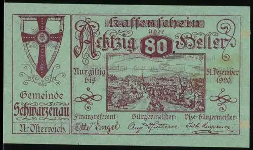 Notgeld Schwarzenau 1920, 80 Heller, Stadtansicht mit Wappen und Unterschriften