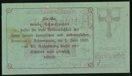 Notgeld Schwarzenau 1920, 80 Heller, Stadtansicht mit Wappen und Unterschriften