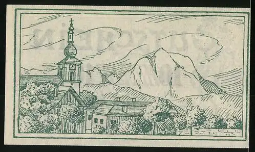 Notgeld Vorchdorf 1920, 10 Heller, Alpenlandschaft mit Kirche und Bergpanorama