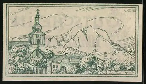 Notgeld Vorchdorf 1920, 10 Heller, Kirche und Berglandschaft im Hintergrund mit Edelweiss-Dekor