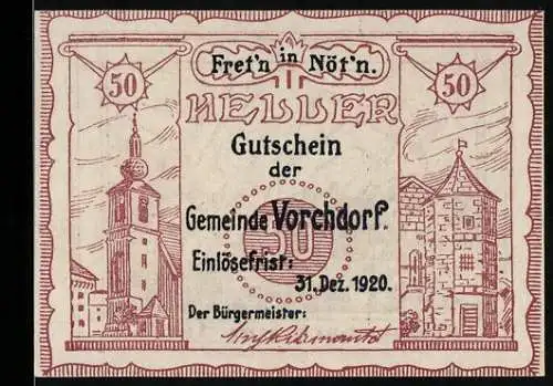 Notgeld Vorchdorf 1920, 50 Heller, Kirche und Burg, Messenbach um 1600