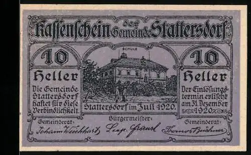 Notgeld Stattersdorf 1920, 10 Heller, Schulgebäude-Motiv, Gemeinderat und Bürgermeister signiert