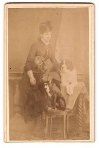 Fotografie B. Klimeck, Grosslichterfelde, junge Frau mit ihren drei Hunden im Atelier