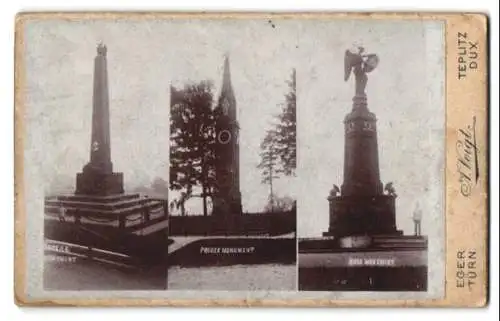 Fotografie Arthur Voigt, Teplitz, Ansicht Teplitz, Kriegerdenkmäler, Preuss. Monument, Russ. Monument, Österr. Monument