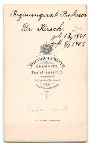 Fotografie Dietrich & Witte, Chemnitz, Portrait Regierungsrat Professor Dr. Kirsch (1841-1901) im Anzug