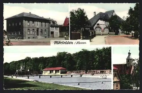 AK Mörfelden / Hessen, Ortsansicht mit Strassenpartie, Schwimmbad & Kirche