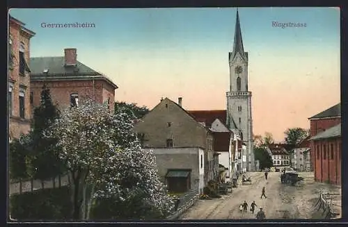 AK Germersheim, Ringstrasse mit Kirche im Frühling