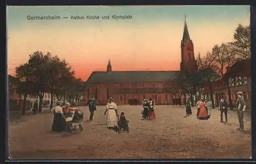 AK Germersheim, Kathol. Kirche und Kirchplatz bei Abendstimmung