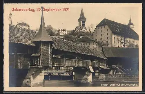 AK Luzern, Blick zur Spreuerbrücke, zum Überseetag am 25.09.1921