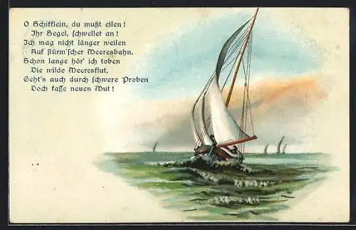 Lithographie Segelboot reitet eine Welle, kurzes Gedicht