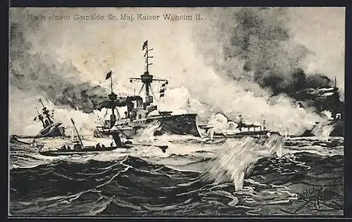 Künstler-AK Gemälde von Kaiser Wilhelm II., Kriegsschiff im Gefecht