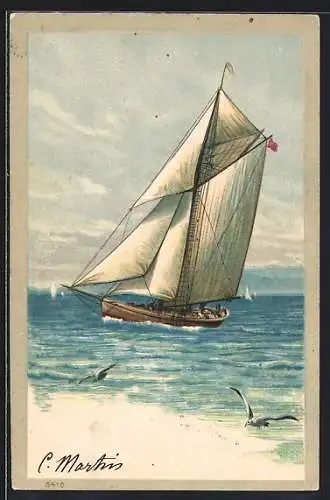 Lithographie Segelboot und Möwen