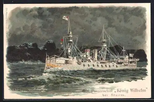 Lithographie S.M. Panzerschiff König Wilhelm bei voller Fahrt