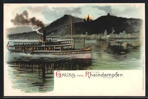 Lithographie Rheindampfer Overstolz bei einer Nachtfahrt