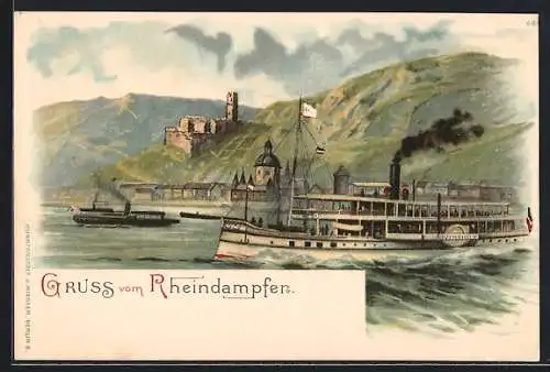 Lithographie Dampfer Overstolz auf dem Rhein