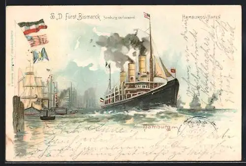 Lithographie Passagierschiff Fürst Bismarck, Hamburg verlassend