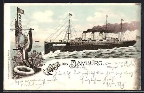 Lithographie Hamburg, Passagierschiff Columbia bei der Ankunft