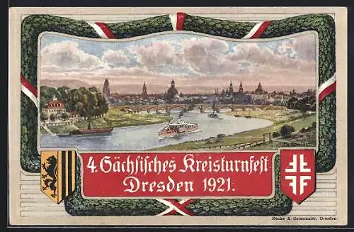 Künstler-AK Dresden, 4. Sächsisches Kreisturnfest 1921, Blick vom Waldschlösschen mit Brücke und Dampfer