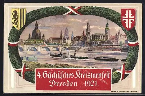 AK Dresden, 4. Sächsische Kreisturnfest 1921, Wappen, Dampfer an der Friedrich-Augustbrücke