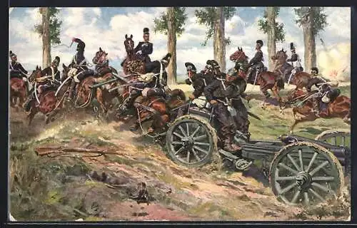 Künstler-AK Anton Hoffmann - München: Soldaten beim Transport der Geschütze, Feldzug 1870-71