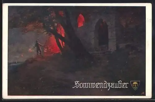 Künstler-AK Franz Jung-Ilsenheim: Sonnenwendzauber, Feuer an der Burgruine, Deutscher Schulverein