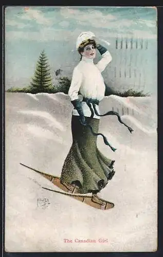 Künstler-AK The Canadian Winter Girl, Wintersportlerin läuft auf Schneeschuhen