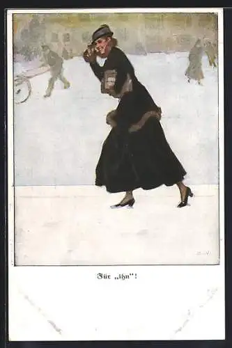 Künstler-AK Brynolf Wennerberg: Frau stapft durch den Schnee mit Paket unter dem Arm