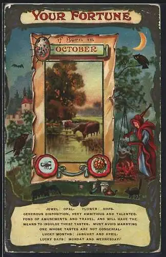 AK Your Fortune, Geburtsmonat Oktober, Gnom an der Feuerstelle, Eule auf Zweig sitzend