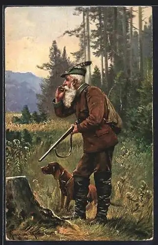 AK Jäger mit Pfeife und Hund am Waldrand