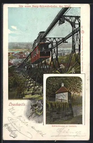 AK Loschwitz, Schwebebahn Nr. 1 fährt bergan, Schillerhäuschen