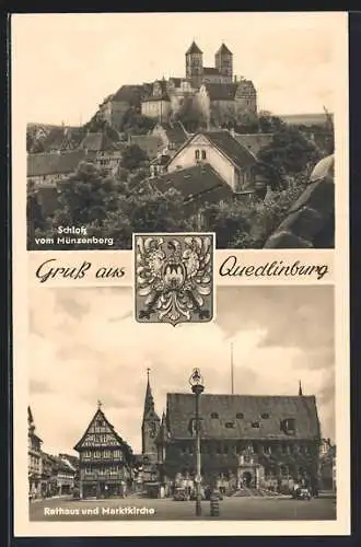 AK Quedlinburg, Rathaus und Marktkirche, Schloss vom Münzenberg