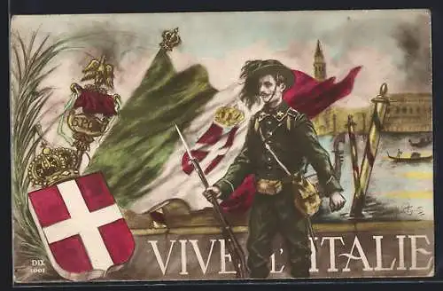 AK Vive l`Italia Bersagliere mit Wappen und Flagge