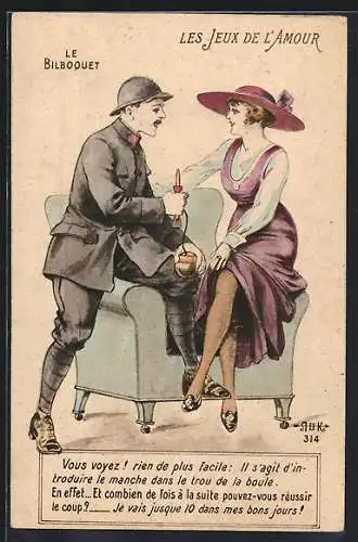 Künstler-AK Les Jeux de l`Amour, Soldat und Dame mit Bilboquet