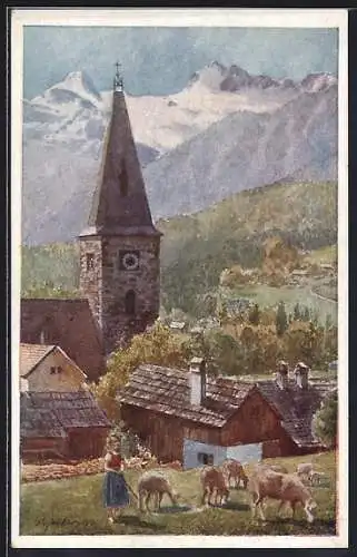 Künstler-AK Alt-Aussee, Teilansicht mit Kirche, Mädchen mit Schafherde auf der Weide