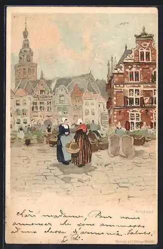 Künstler-Lithographie Henri Cassiers: Nimegue / Nijmegen, Ortspartie